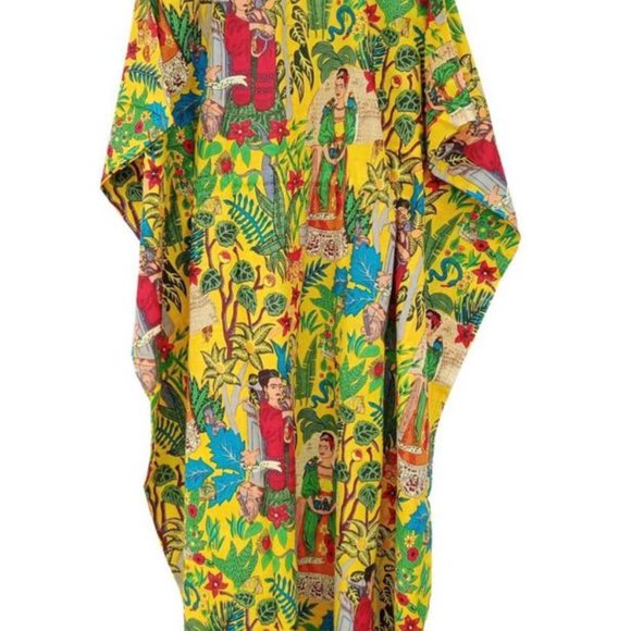 BRAND NEW Yellow Frida Kahlo Cotton Caftan Nightwear Dressing Gown Kaftan - Picture 2 of 3
